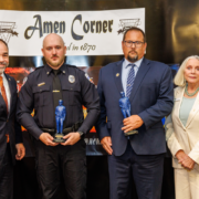 PA Supreme Court Justice Kevin Brobson Presents IN DISREGARD FOR THEIR OWN PERSONAL SAFETY Award to New Kensington PD Sergeant Manke and Officer Rohrabaugh, with Amen Corner President June Yonas