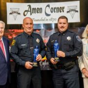 Jon Delano of KDKA TV-2 Presents IN THE LINE OF FIRE Award to Pittsburgh Police Officer Kevin Merkel & Cranberry Officer Ed Steinmetz, with Amen Corner President June Yonas